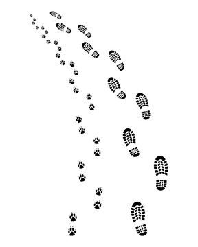 Footprints of man and dog, turn left, vector