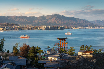 High Angle View of Great floating gate (O-Torii) on Miyajima island, Japan