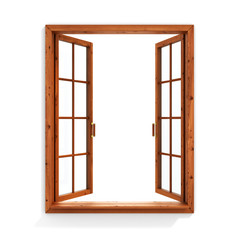 Open wooden window isolated on white background.