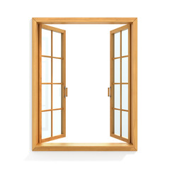 Open wooden window isolated on white background.