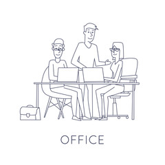 Business characters thin line. Co working people, meeting, teamwork, collaboration and discussion, conference table, brainstorm. Workplace. Office life. Flat design vector illustration.