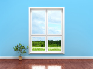 Fototapeta na wymiar Empty room with beautiful view over nature. White window in blue