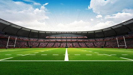 rugby stadium with fans and green grass at daylight - obrazy, fototapety, plakaty