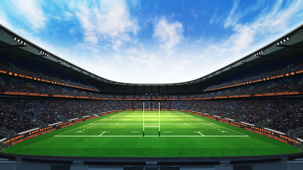 rugby stadium with fans and grass at daylight - obrazy, fototapety, plakaty