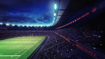 Fototapeta na wymiar rugby stadium with fans under roof tribune view