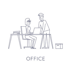 Fototapeta premium Business characters thin line. Co working people, meeting, teamwork, collaboration and discussion, conference table, brainstorm. Workplace. Office life. Flat design vector illustration.