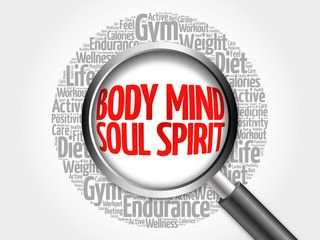 Body Mind Soul Spirit word cloud with magnifying glass, health concept
