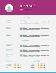 Resume template design with purple and blue headings