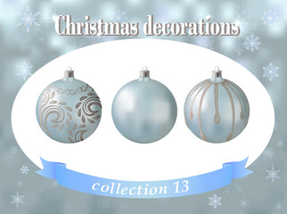 Christmas decorations. Collection of light blue with silvery pattern round balls Xmas ornaments. Collection of New Year design elements. Vector illustration