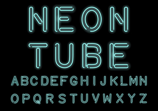 Glowing Cyan Neon Alphabet isolated and transparent. Custom handcrafted light tube font for design. Vector.