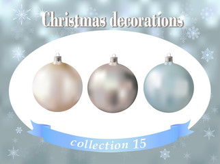 Christmas decorations. Collection of white, silver and light blue round balls Xmas ornaments. Collection of New Year design elements. Vector illustration