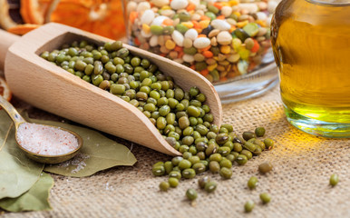 Green beans in a wooden scoop