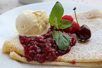 delicious pancake with fruits and icecream