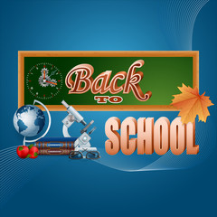 Back to school design, background with 3d text and school supplies; Vector illustration