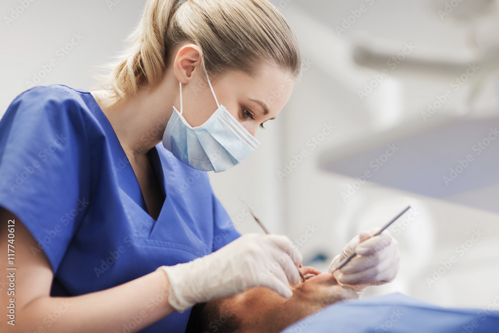 Poster female dentist checking up male patient teeth