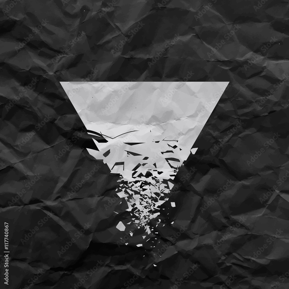 Poster white triangle with debris on black background with creased paper texture. vector illustration