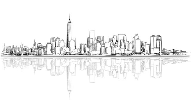 New York City Outline Sketch with Reflection