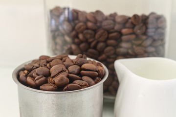 Roasted Coffee Beans / Roasted Coffee Beans In Cup Scattered Isolated On White.