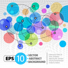 Transparent colorful circles connected by dashed lines.