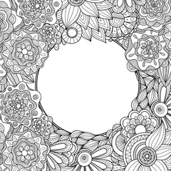 Obraz premium Abstract hand drawn zentangle style round vector frame. Doodle flowers and leaves decorative border.