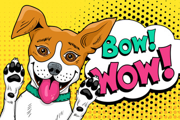Bow wow pop art dog. Funny happy surprised dog  with open mouth rising his paws up. Vector illustration in retro comic style. Vector pop art background. - 117743080