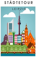 Leipzig Skyline Schattenriss Denkmäler Kultur Sehenwürdigkeiten Plakat hochkant Völkerschlachtdenkmal Fernsehturm Rathaus Thomaskirche Zeppelinbrücke Häuserzeile © Jyll
