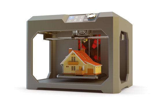 Modern engineering, prototyping, creating objects and printing technology concept, black plastic 3d printer machine making realistic house model, isolated on white