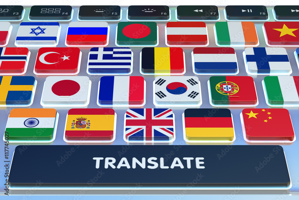 Poster languages translation concept, online translator, close-up view of computer keyboard with national f