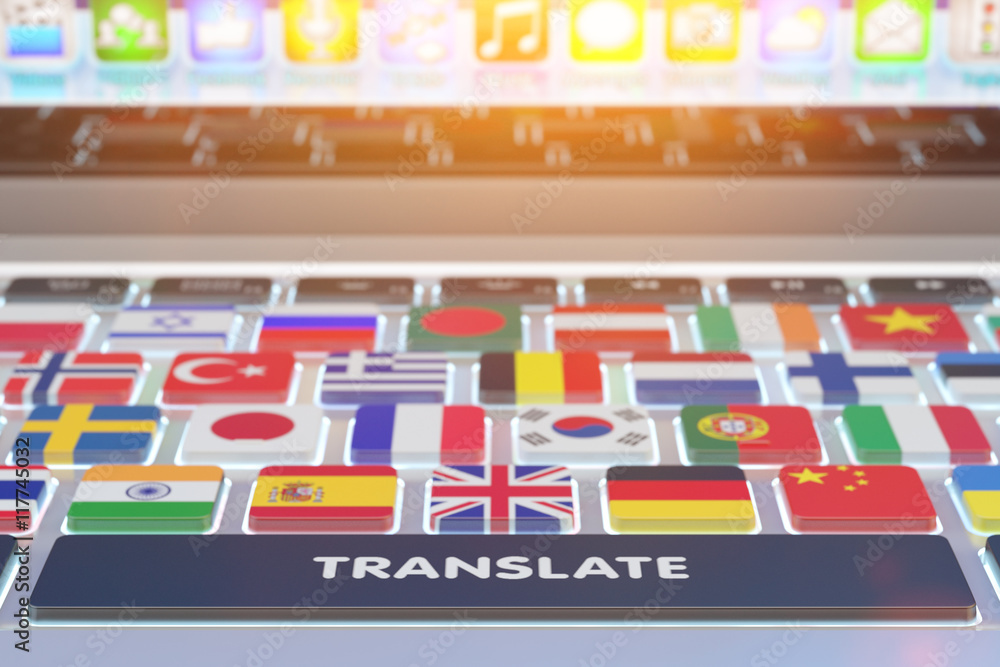 Poster languages translation concept, online translator, close-up view of computer keyboard with national f
