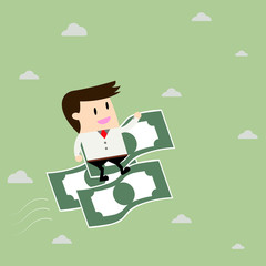 Businessman riding flying money. Business concept cartoon
