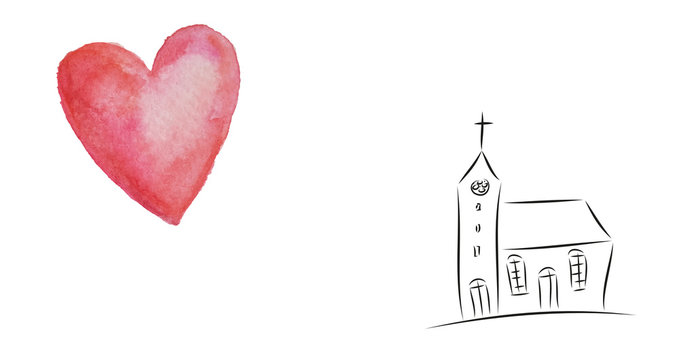 Einladung zur Trauung, Taufe, Konfirmation, Firmung, Trauung, Hochzeit, Heirat - rotes Herz mit Kirche, Gottesdienst und Predigt, Gemeindearbeit, Gemeinschaft, gemeinsam statt einsam, Vektor isoliert