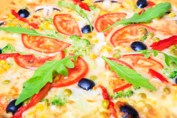 Delicious pizza with vegetables close-up