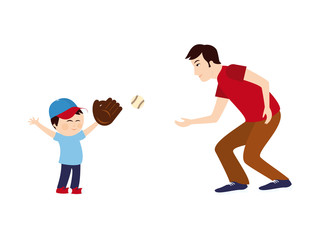 Dad and son playing baseball. Cartoon characters of a father and son. Vector illustration of a boy and dad