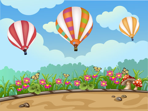 Spring landscape with hot air balloon