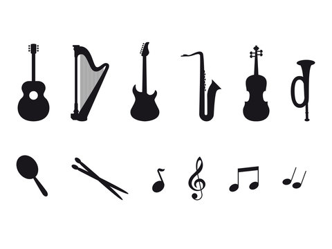 Icon set of a musical instruments. Music icons on a white background. Vector illustration of a musical instruments