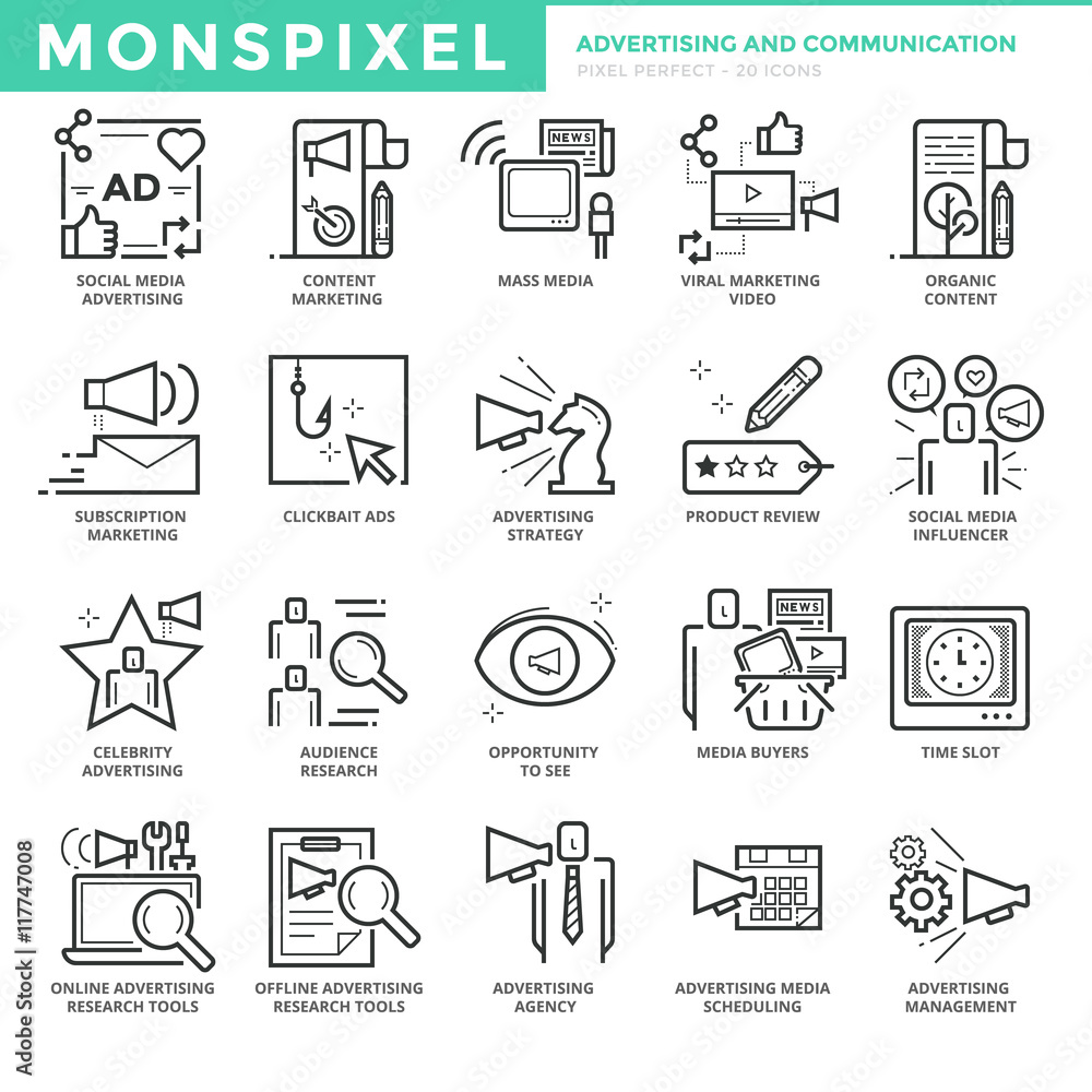 Poster flat thin line icons set of advertising and communication. pixel perfect icons. simple mono linear p