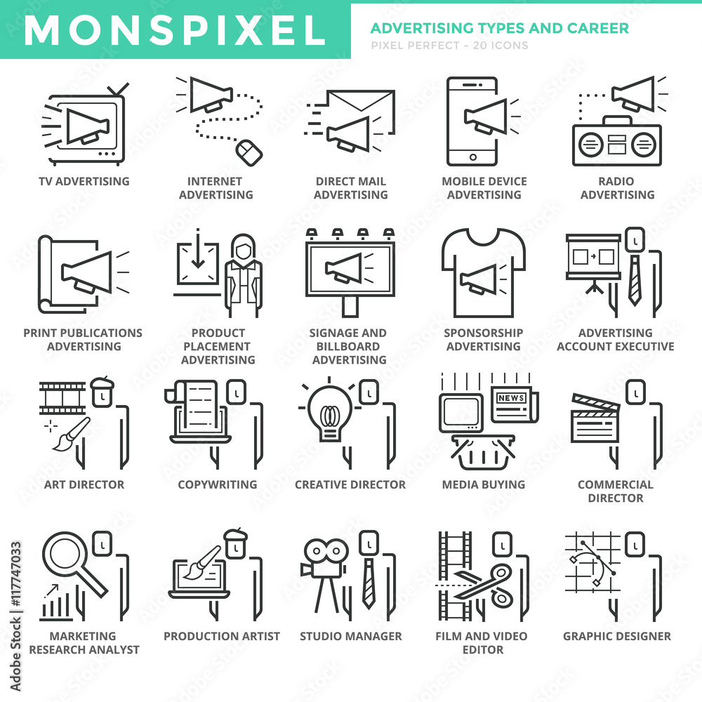Poster flat thin line icons set of advertising types and career. pixel perfect icons. simple mono linear pi