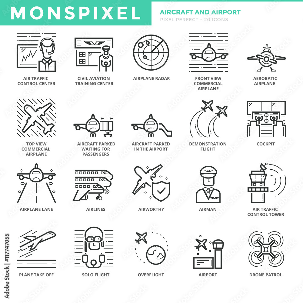 Poster flat thin line icons set of aircraft and airport. pixel perfect icons. simple mono linear pictogram 