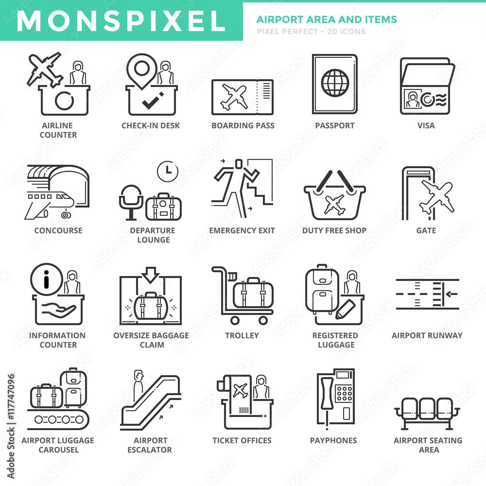 Poster flat thin line icons set of airport area and items. pixel perfect icons. simple mono linear pictogra