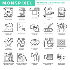 Flat thin line Icons set of Advertising and Communication. Pixel Perfect Icons. Simple mono linear pictogram pack stroke vector logo concept for web graphics.