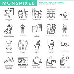 Flat thin line Icons set of Airplane Area and Airport Services. Pixel Perfect Icons. Simple mono linear pictogram pack stroke vector logo concept for web graphics.