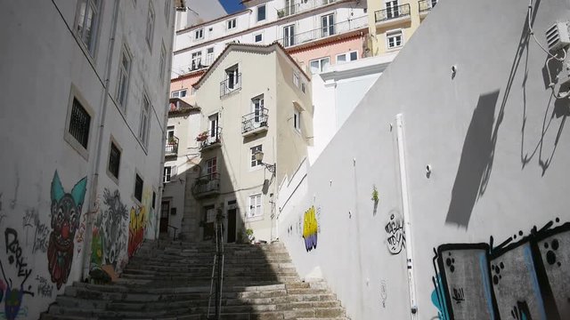 Shot of a vertical pan of a typical street in Lisbon.