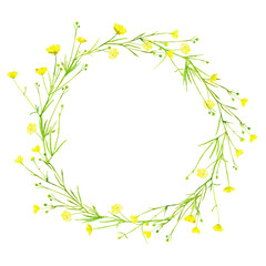 Obraz premium Floral wreath.Garland with buttercup flowers.Herbal circle frame.Watercolor hand drawn illustration.