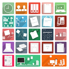 Business office icons with long shadow, vector illustration
