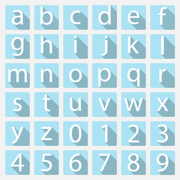 White on blue number and lower case alphabet icon with long shadow, vector illustration