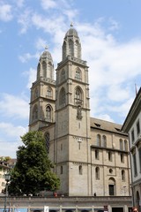 Zurich, Switzerland. Grossmünster church. Old Romanesque church, symbol of reformed Zurich