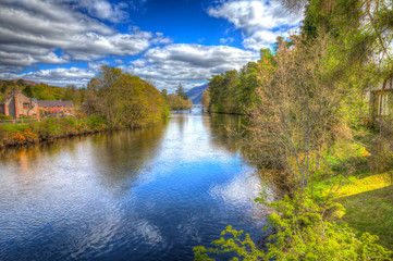 River Oich Fort Augustus Scotland UK next to Loch Ness in colourful HDR