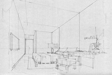 sketch stripes bedroom, black and white interior design. © last19
