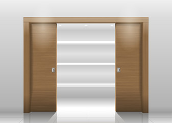 Fototapeta premium Sliding door wardrobe or dressing room, changing rooms, shop with a wood texture in vector graphics