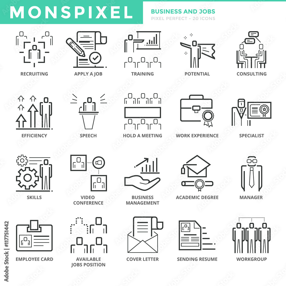 Poster flat thin line icons set of business and jobs. pixel perfect icons. simple mono linear pictogram pac